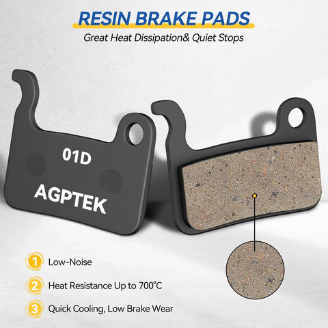 High Performance Mountain Bike Disc Brake Pad Set with Quiet Resin and Brass Fiber, displayed with heat dissipation details.