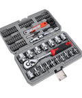 Open gray case showcasing Three Eighth Inch Drive Socket Wrench Set With 72 Tooth Ratchet And Quick Release Bit Driver 64 Piece
