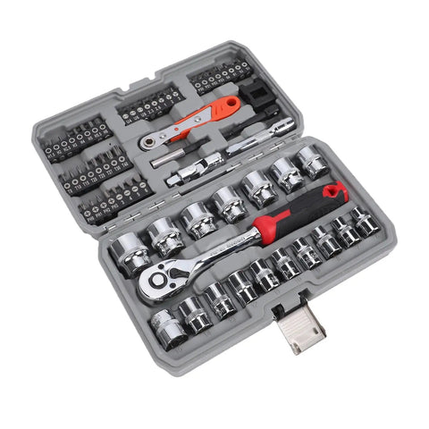 Open gray case showcasing Three Eighth Inch Drive Socket Wrench Set With 72 Tooth Ratchet And Quick Release Bit Driver 64 Piece