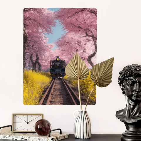 Vintage Steam Train Under Cherry Blossom Tunnel Metal Tin Sign 12x16 Inch Yellow Wildflowers Artwork Rustproof Waterproof Inks