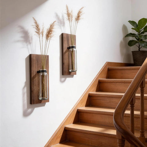Game Changer Rustic Two Pack Wood Glass Wall Sconces Paired With Warm Twinkle Lights Smooth Farmhouse Indoor Planters For Living Room Walls Hanging Vase To Show Off Herbs And Trailing Greens, displayed with dried plants.