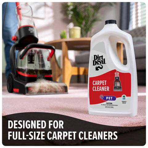 Pet Carpet Cleaner Solution 64 Oz With Tropical Breeze Scent For Pet Stains And Odors Deep Cleaning Formula To Freshen Carpets Rugs Upholstery And Home Surfaces, 64 oz bottle beside carpet cleaner