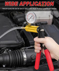 Backyard Mechanic Handheld Vacuum Pump Brake Bleeder Kit With Live Pressure Tester And Universal Gauge Adapters, showing gold pump and gauge.