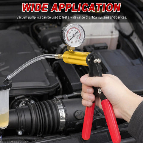 Backyard Mechanic Handheld Vacuum Pump Brake Bleeder Kit With Live Pressure Tester And Universal Gauge Adapters, showing gold pump and gauge.