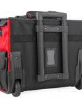 Back view of Rolling Tool Bag Organizer With Wheels, 18 Inch Portable Tool Tote showing telescoping handle and sturdy wheels.