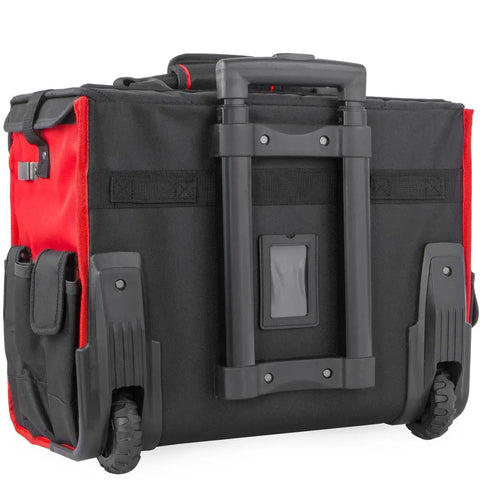 Back view of Rolling Tool Bag Organizer With Wheels, 18 Inch Portable Tool Tote showing telescoping handle and sturdy wheels.