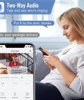 Woman using phone for two-way audio with Wireless 1080P Video Doorbell With Chime, Battery Powered, 32GB SD Card Preinstalled