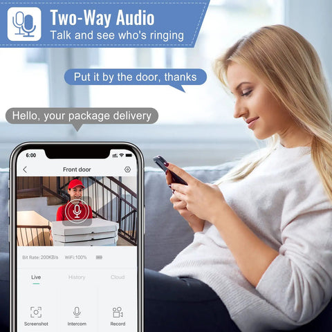 Woman using phone for two-way audio with Wireless 1080P Video Doorbell With Chime, Battery Powered, 32GB SD Card Preinstalled