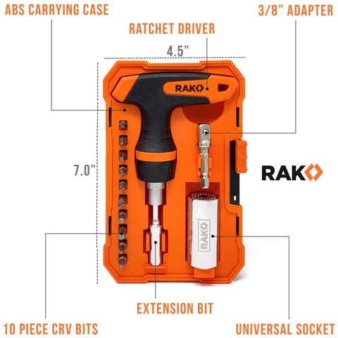 Universal Socket Tool Set For Men 15 Piece Gift Kit with orange ABS case, T handle ratchet driver, and 10 screwdriver bits.