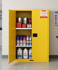 Beefy 330 Gallon Flammable Storage Cabinet With Adjustable Shelves, 75 Inch High By 25 Inch Deep By 50 Inch Wide, Heavy Duty Chemical Safety Cabinet For Large Capacity Liquids, Industrial Grade, Spill Resistant Design, yellow door open