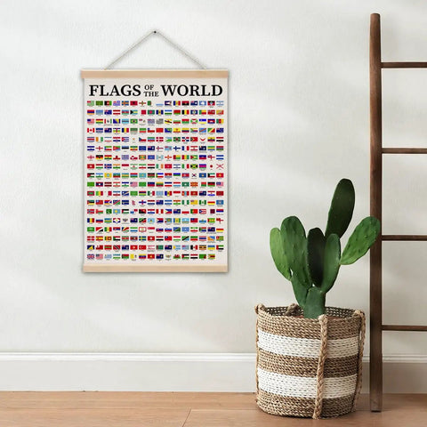 World Map Wall Art Poster With Flags Of The World Geography Classroom Decor International Flag Reference Chart Cool Wall Art Print For Living Room Or Office 12x16 Signs on wall with cactus.
