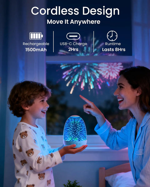 Child holding Night Light Bluetooth Speaker With 3D Glass Fireworks Lamp, colorful display, USB-C charge, in a bedroom setting.