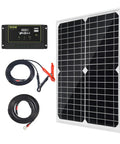 20W 12V Monocrystalline Solar Panel Kit with 10A Charge Controller, cables, and battery clips for RVs, boats, off-grid use