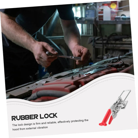 Built Tough Rubber T Handle Draw Latch for Car Hood and Toolboxes, shown in use on a vehicle hood with stainless steel construction