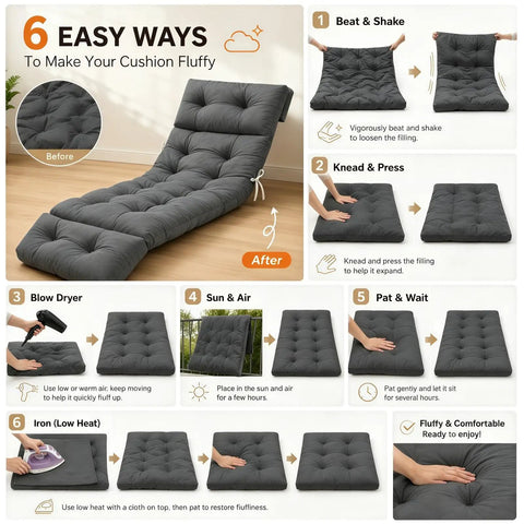 6 easy ways to make Ultra Comfy All Weather Outdoor Chaise Lounge Cushion Waterproof 74.4 Inch Long by 22 Inch Wide by 4.7 Inch Thick With Ties for Poolside Patio Balcony Furniture Grey fluffy with illustrations and text instructions.