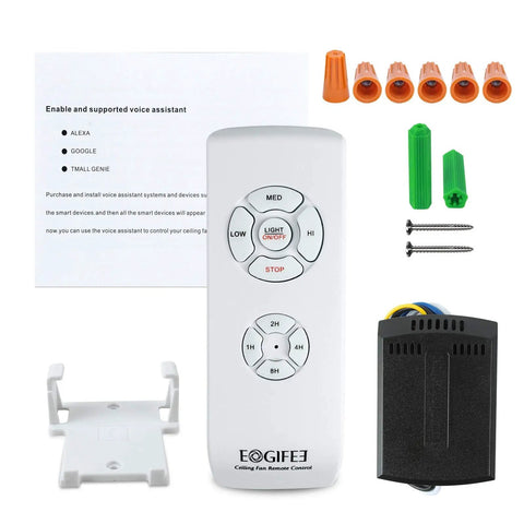 Smart WiFi Ceiling Fan Remote Kit Universal Receiver With 12 Hour Countdown 4 Speeds Works With Alexa And Google Assistant Easy Replacement For Hampton Bay Harbor Breeze Hunter Fans showing remote and receiver components.
