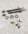 Waterjet swivel maintenance kit components front view: two 1/4" stainless bolts, washers, seals, o-rings.