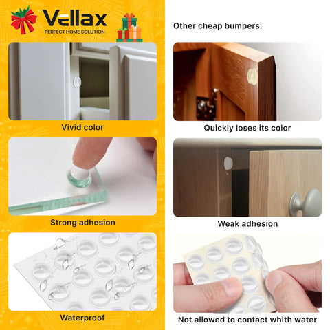 Comparison of Vellax 128 Clear Cabinet Door Bumpers Self Adhesive Rubber Cushions and other brands showing vivid color and strong adhesion.