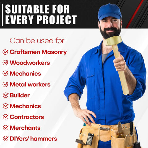 Person in blue outfit holding a solid brass non-sparking hammer with hickory handle, suitable for various crafts and industries.