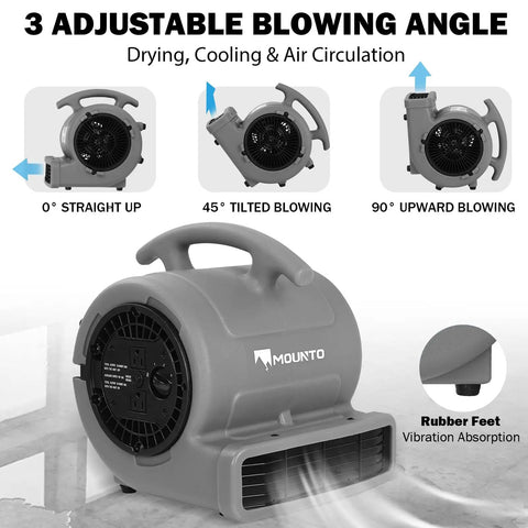 1/4 HP Air Mover With 1000 CFM Two Speed Carpet Dryer And Floor Fan For Quick Drying And Cooling Durable Rotomold Housing Grey Finish
