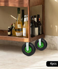 Smooth Operator Heavy Duty Pneumatic Casters 10 Inch Air Tire Wheels Bolt On Setup Swivel And Rigid Set Black Rubber Tires under a wooden shelf.