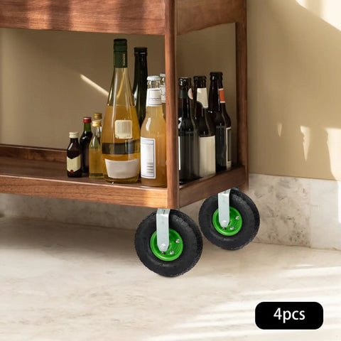 Smooth Operator Heavy Duty Pneumatic Casters 10 Inch Air Tire Wheels Bolt On Setup Swivel And Rigid Set Black Rubber Tires under a wooden shelf.