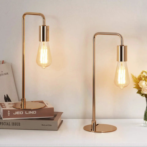 Gold Desk Lamp Set Of 2 Industrial Metal Table Lamps For Reading And Nightstand Use on a white surface with warm lighting.