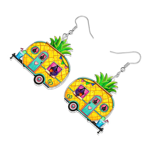 Lightweight Acrylic Truck Van Camper Earrings With Dope Double Sided Print, Pineapple Dangle Jewelry For Women, vibrant design