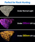 Rock under normal light, 395nm UV light, and 365Nm UV Black Light Flashlight Pro For Detecting Hidden Stains And Pet Urine