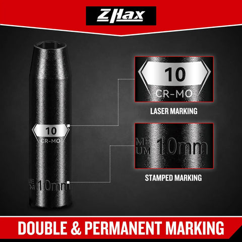 Beefy 10 Piece One Quarter And Three Eighth Inch Drive Impact Socket Set, 10mm showing laser and stamped markings on black CR-MO steel