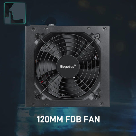 Front view of GM850 Power Supply 850W Full Modular 80 Plus Gold Gaming PSU with 120mm FDB fan for cooling.