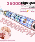 Badass Cordless Nail Drill Delivers 35000RPM Electric File With Clear Lcd Screen showing features and speed settings.