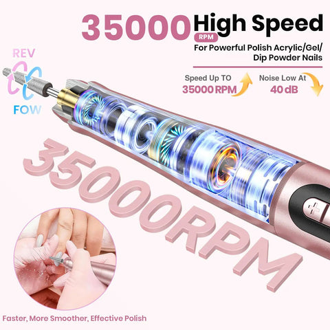 Badass Cordless Nail Drill Delivers 35000RPM Electric File With Clear Lcd Screen showing features and speed settings.
