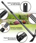 Close-up of 45 Inch Long Handle Garden Hoe 2 In 1 Cultivator showing features like non-slip grip, built-in holes, and steel handle.