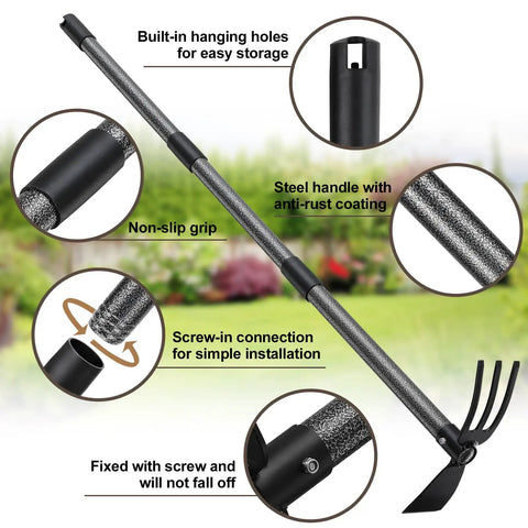 Close-up of 45 Inch Long Handle Garden Hoe 2 In 1 Cultivator showing features like non-slip grip, built-in holes, and steel handle.