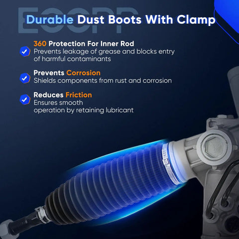 Close-up of dust boot with clamp on hydraulic power steering rack for Dodge Durango and Jeep Grand Cherokee 2011-2015.