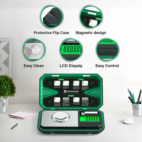 Ultra Precise Milligram Scale 0.001g With 50g Capacity showing protective case, LCD display, and control buttons on desk.