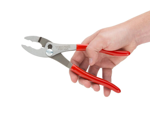 Hand holding 8 Inch Slip Joint Pliers For Everyday Home And Shop Go-To Use With Adjustable Tension 3 Zone Jaws For Gripping Nuts Bolts And Wire
