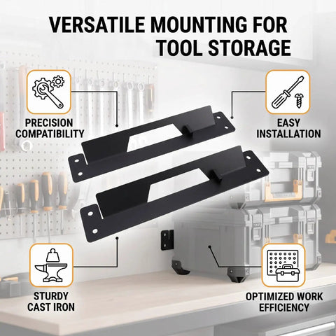 4 Piece Heavy Duty Metal Mounting Bracket Set For Black Wall Plate Cleats for Workbenches, Garages, and Workshops displayed in toolkit area