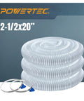 Top Shelf 2.5 By 20 Foot Flexible Dust Collection Hose With Two Lock Tight Stainless Steel Clamps stacked with clamps.