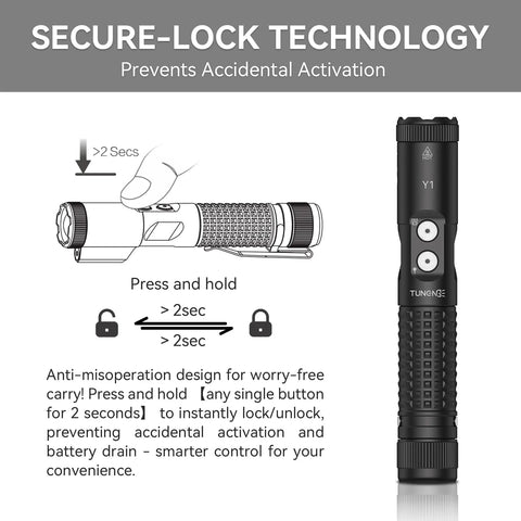 Diagram showing secure-lock feature of the Go To 1200 Lumen Dual Beam LED Flashlight With White And Red Light, USB C Quick Charge.