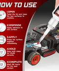 Instructions diagram showing how to use Heavy Duty Rubber Glue For Tires And Seals, Tough As Nails Adhesive For Gaskets, Shoe Soles, Hoses And More, Waterproof And Heat Resistant, Anti-Clog Cap, 30g Tube With 3 Droppers For Fast, Durable Bonding on a toy car.