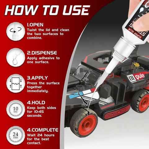 Instructions diagram showing how to use Heavy Duty Rubber Glue For Tires And Seals, Tough As Nails Adhesive For Gaskets, Shoe Soles, Hoses And More, Waterproof And Heat Resistant, Anti-Clog Cap, 30g Tube With 3 Droppers For Fast, Durable Bonding on a toy car.