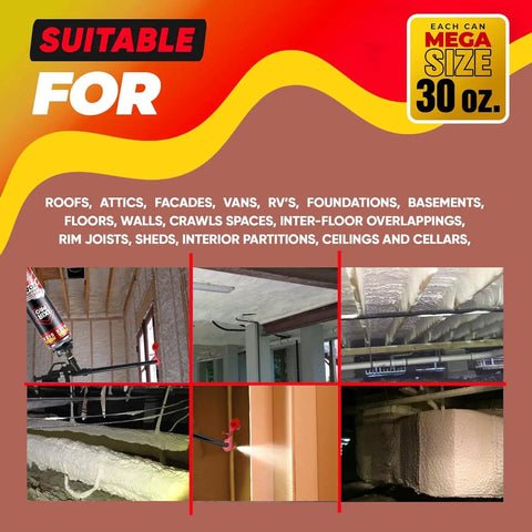 Mega Size Spray Foam Insulation Kit With Eighteen Thirty Ounce Cans Of Expanding Foam Sealant Spray shown applied in various applications.