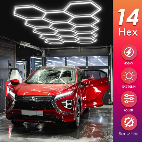 Hexagon LED Garage Lights For Home And Shop, Ultra Bright Honeycomb Panels, 456W High Power, 54720 Lumens, 6500K Daylight, 14 Grid System For Car Detailing, Warehouse, Basement And Gym installed above car