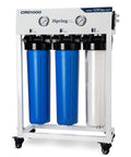 Heavy Duty Four Stage Tankless Reverse Osmosis Water Filter System Delivers 1000 GPD High Flow For Restaurants on a wheeled stand with three filters