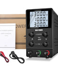 30V 5A 10A DC Variable Lab Power Supply with dual displays, user manual, and cables for electronics DIY. Pro grade PSU, low ripple.