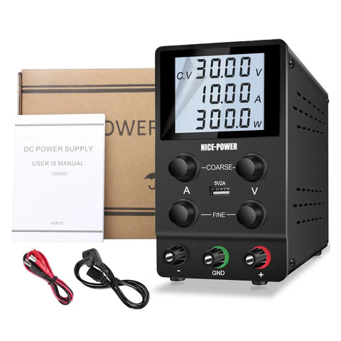 30V 5A 10A DC Variable Lab Power Supply with dual displays, user manual, and cables for electronics DIY. Pro grade PSU, low ripple.