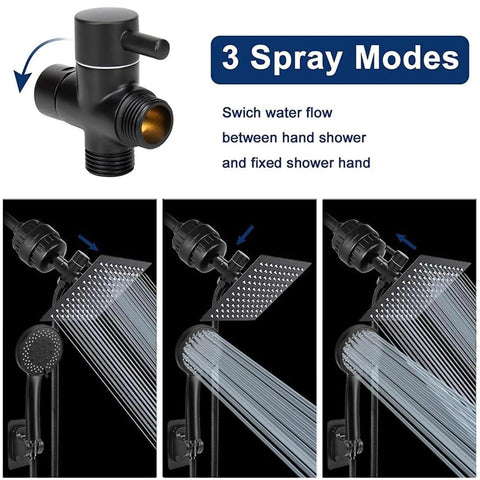 Filtered Rain Shower Head High Pressure 8 Inch Square With Five Setting Handheld Shower Filter Combo shown with 3 spray modes