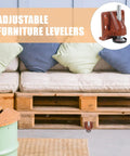 Heavy Duty Plastic Workbench Leveler with adjustable feet, wood grain finish, non-slip design, displayed on palette furniture